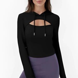Halara Drawstring Cut Out Cropped Hoodie Sweatshirt in Black  Size :XS
